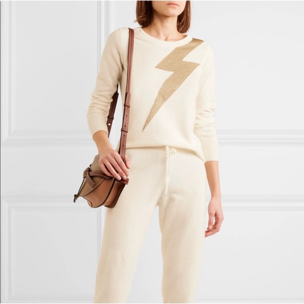 Madeleine Thompson Irvine Cashmere Sweater S Cream Lightning Bolt Luxury Preppy